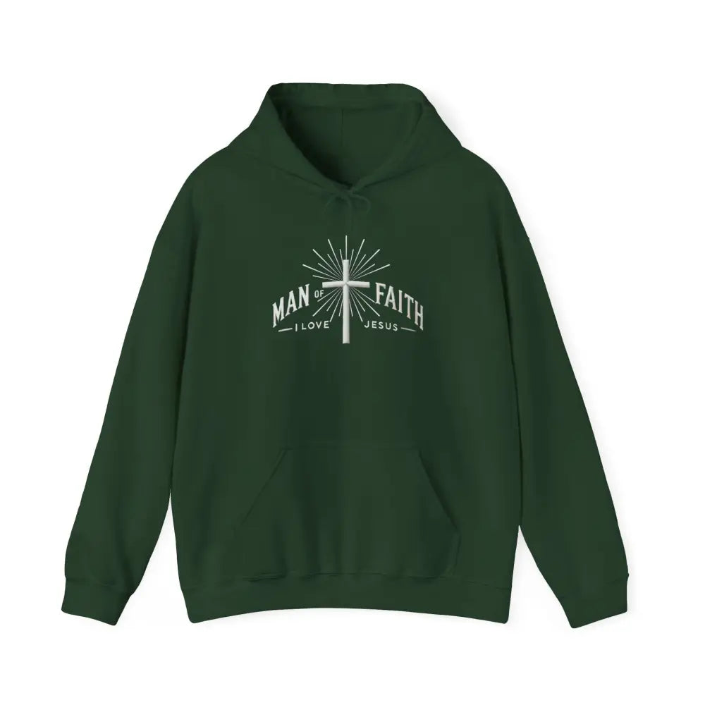 Dark green Man of Faith I Love Jesus graphic hoodie for chilly days