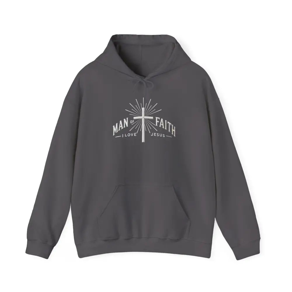 Dark grey Man of Faith I love jesus graphic hoodie for chilly days