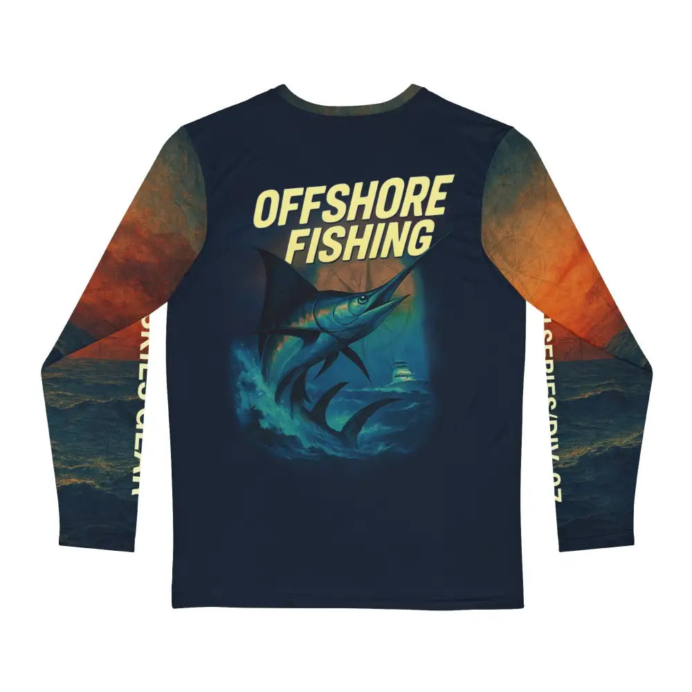 Dark blue fishing adventure long long sleeve tee with marlin graphic and sunset sleeves