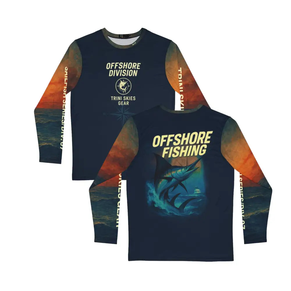 Long-sleeved dark blue fishing adventure long shirt with ocean-themed sleeves and embroidered corduroy cap