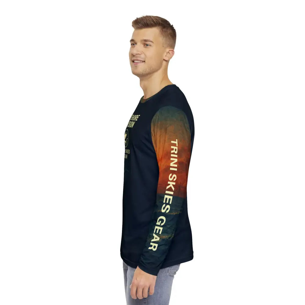 Men’s navy long-sleeve fishing adventure long shirt with colorful gradient sleeve detail