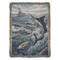 Marlin and tuna woven cotton blanket with leaping marlin and ocean wildlife throw