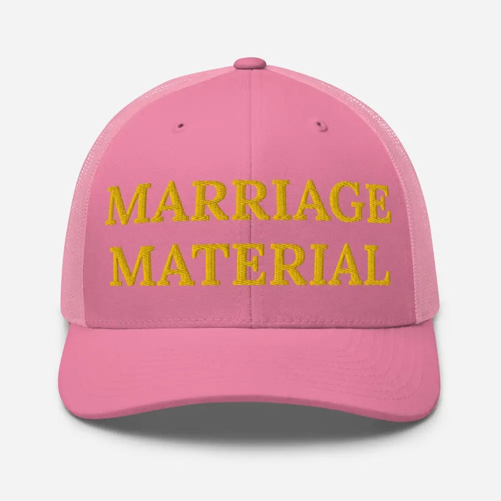 Pink trucker hat with marriage material embroidered in gold text, Trini Skies embroidered corduroy cap