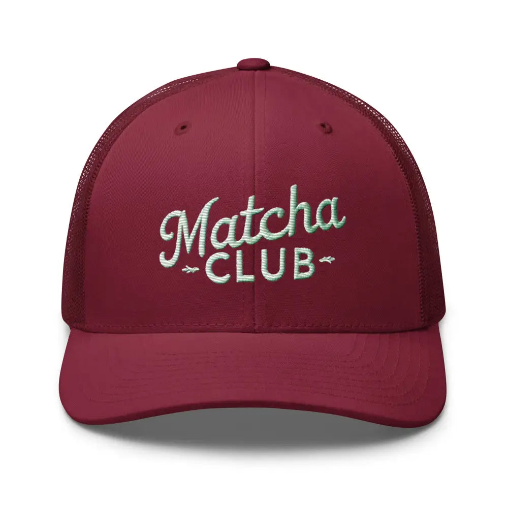 Maroon embroidered trucker cap with Matcha Club for matcha lovers