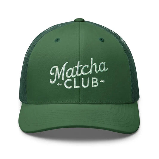 Matcha Club Embroidered Trucker Cap | Aesthetic Green Tea Hat - Evergreen - Hats green trucker hat matcha club 1