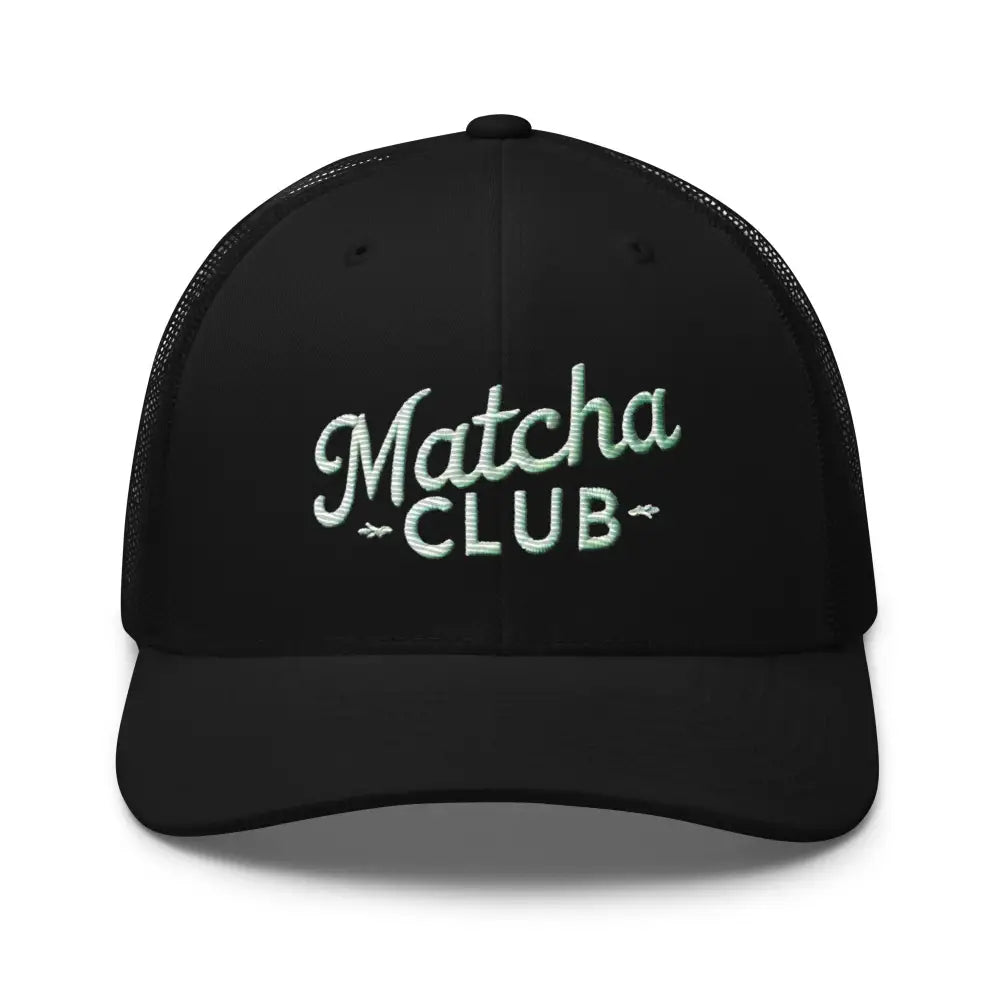 Black mesh-back embroidered trucker cap for matcha lovers, Matcha Club front