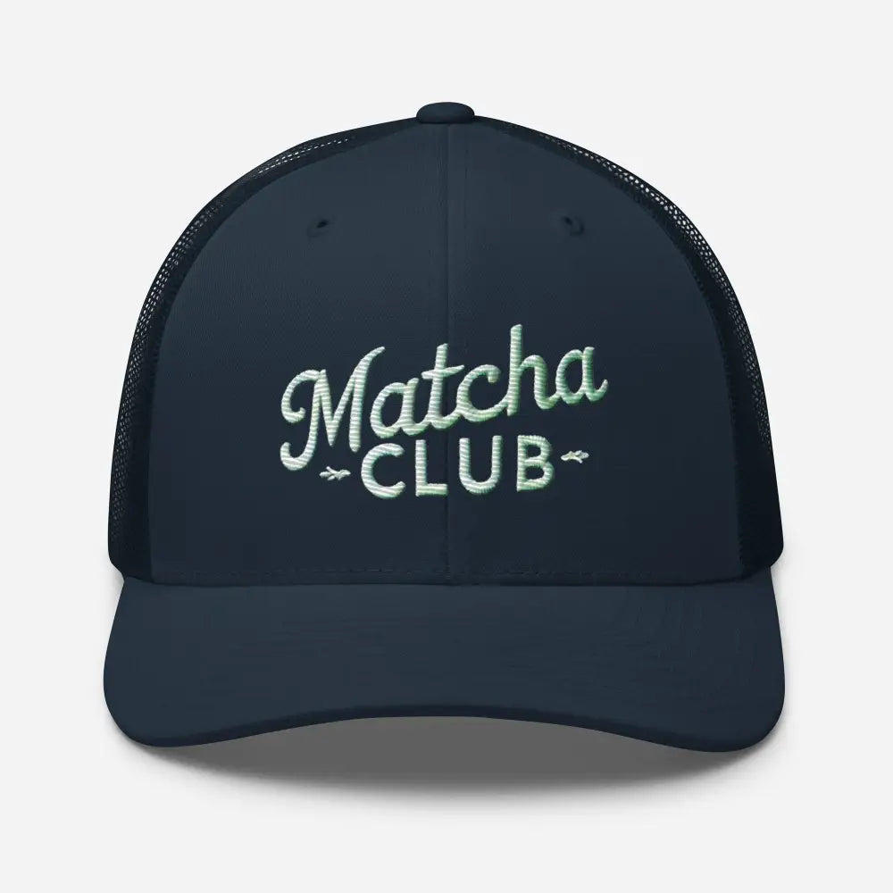 Navy blue embroidered trucker cap for matcha lovers in Trini Skies Café Culture Series