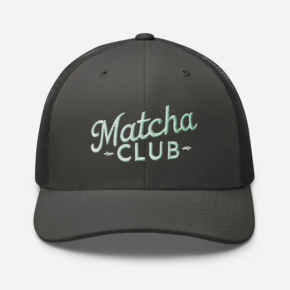 Black embroidered trucker cap for matcha lovers, Trini Skies Café Culture
