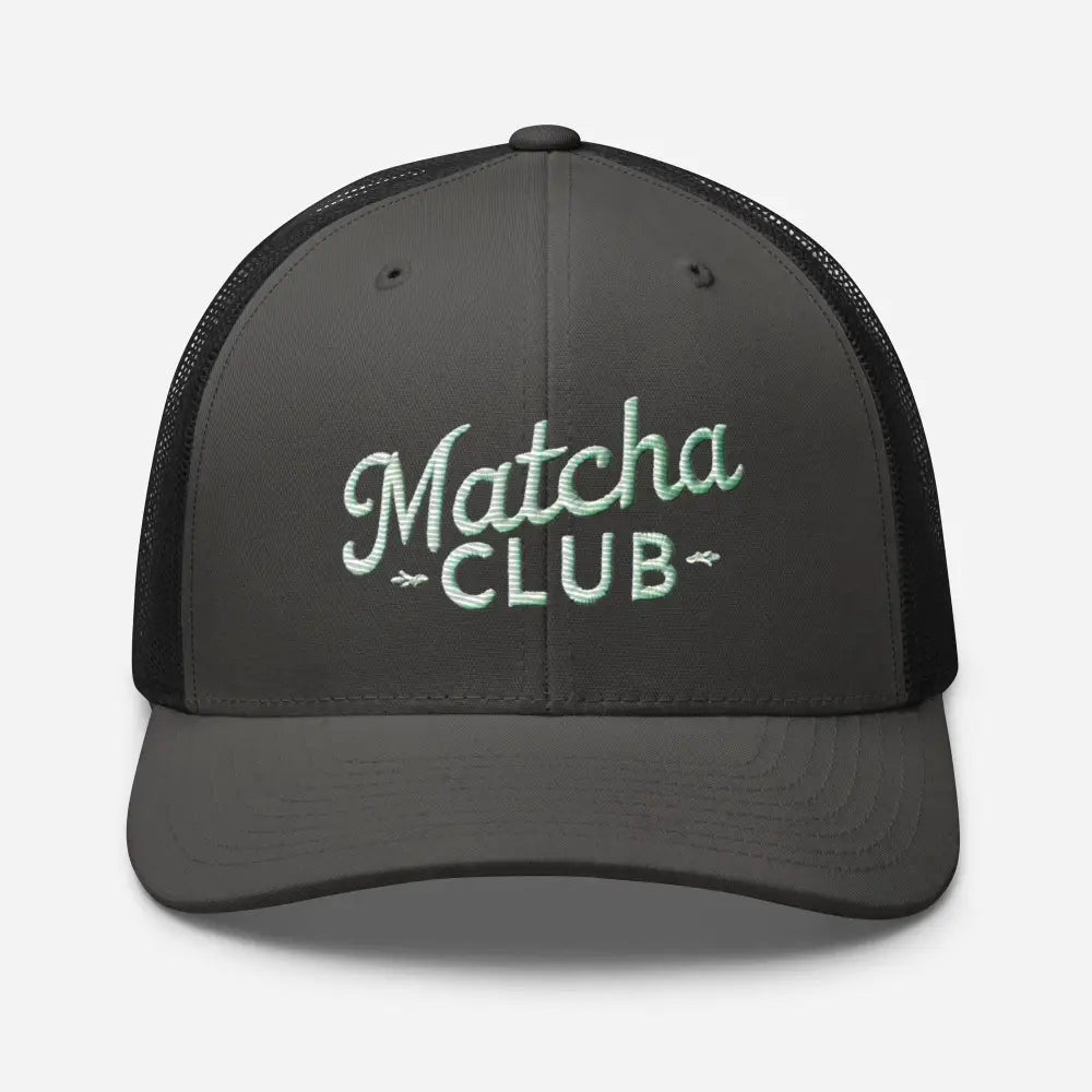 Charcoal gray embroidered trucker cap for matcha lovers, Matcha Club design