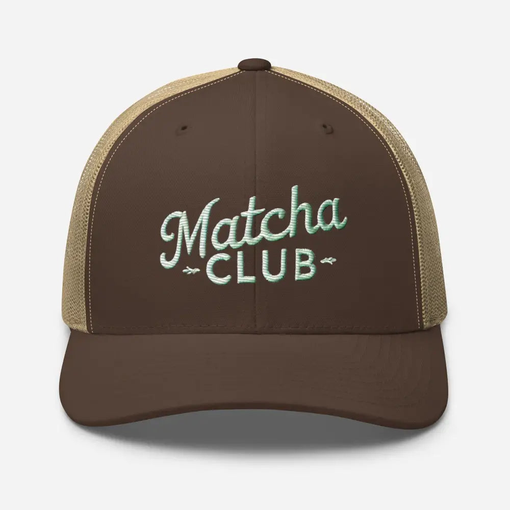 Brown and tan embroidered trucker cap with Matcha Club for matcha lovers