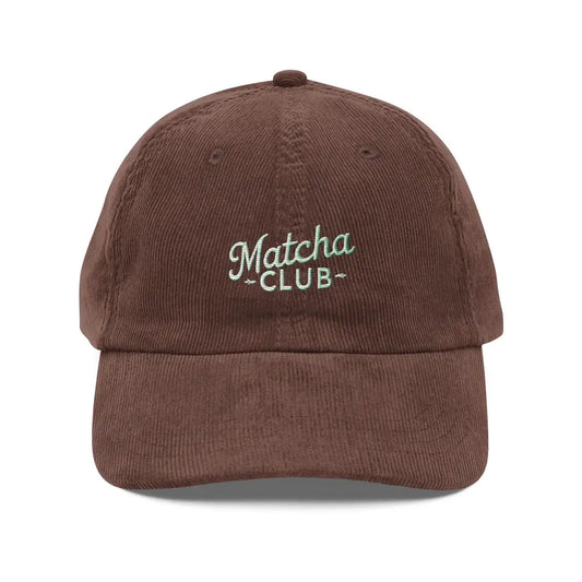 Matcha Club Embroidered Vintage Corduroy Cap | Cozy Tea Lover Hat - Brown - Hats brown corduroy baseball cap