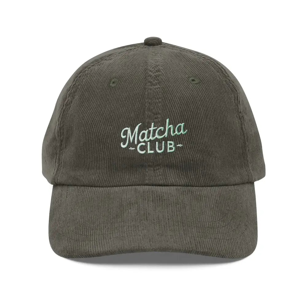 Olive green embroidered vintage corduroy cap with Matcha Club by Trini Skies
