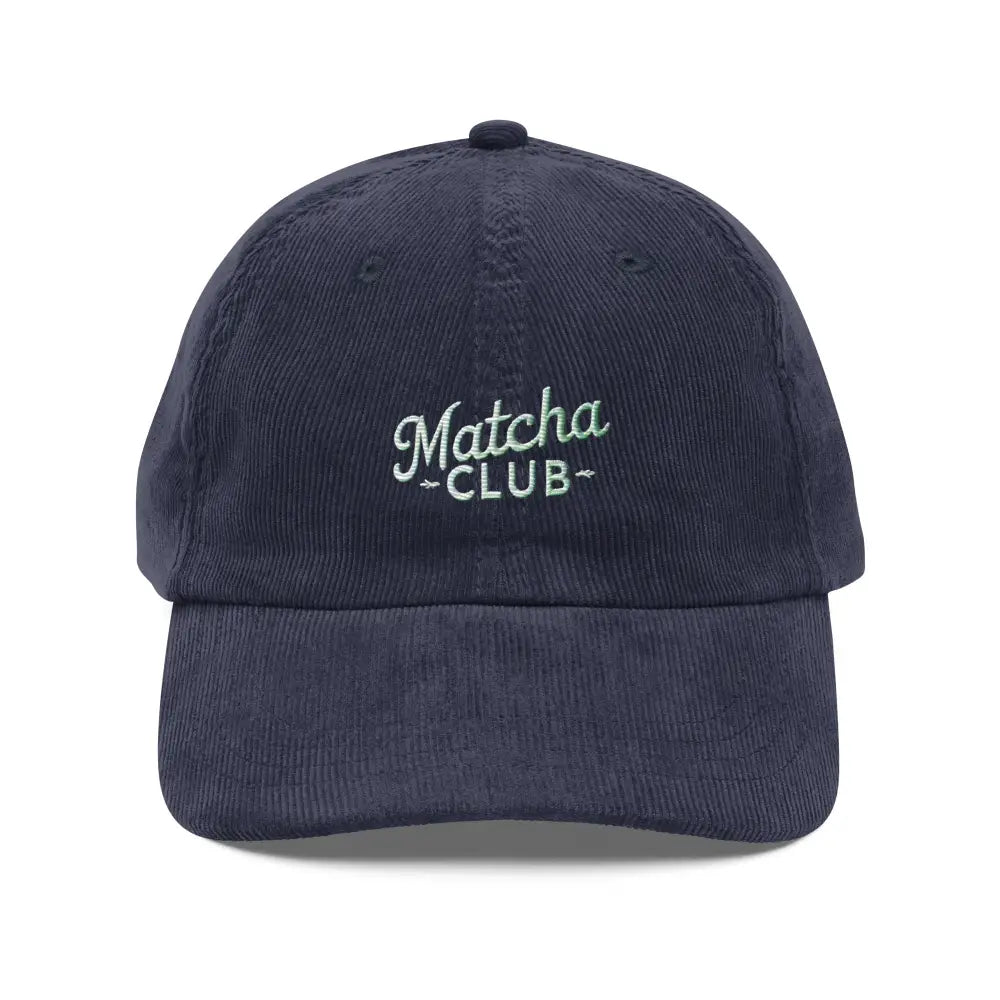 Navy blue embroidered vintage corduroy cap with Matcha Club by Trini Skies