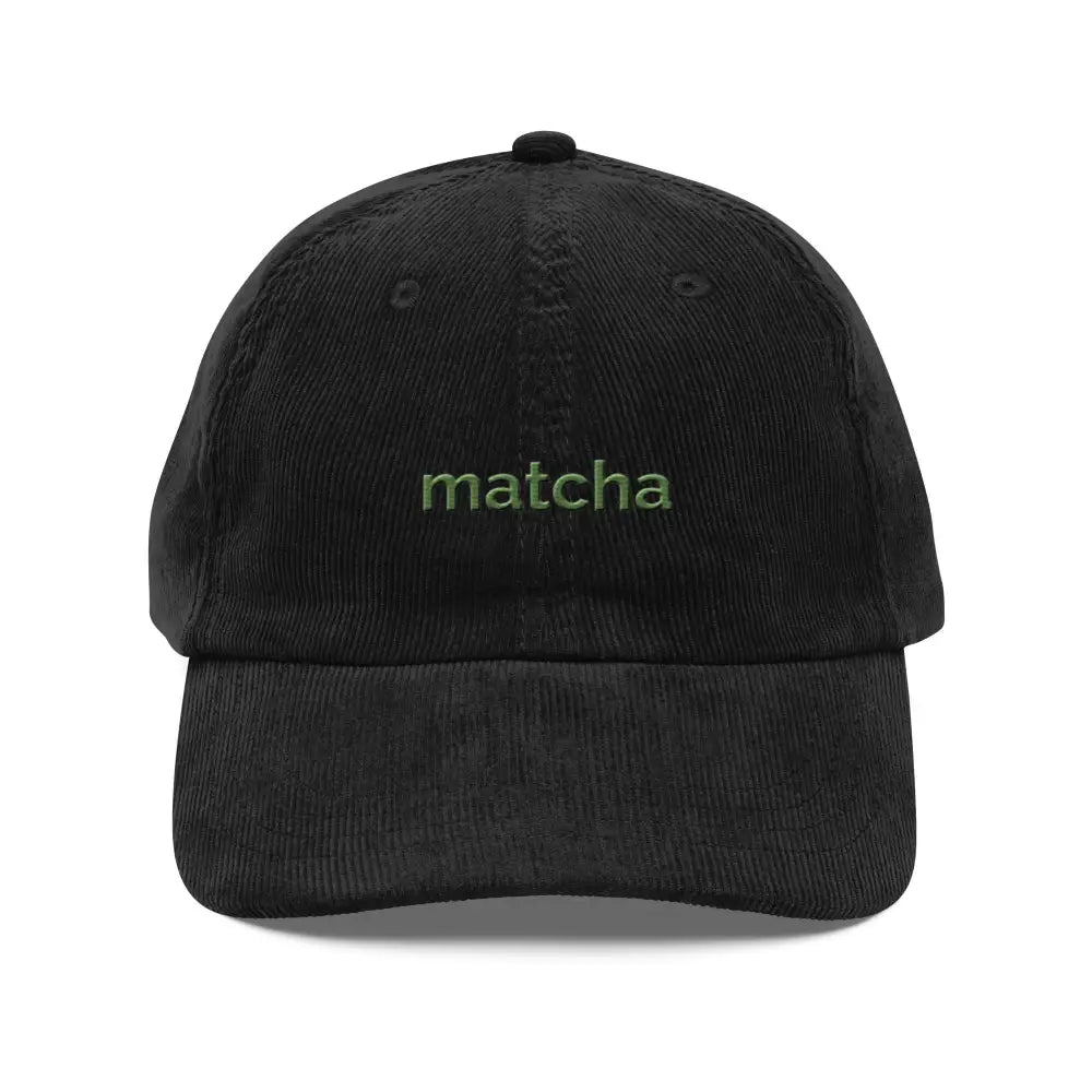 Black vintage corduroy cap with matcha embroidered in green