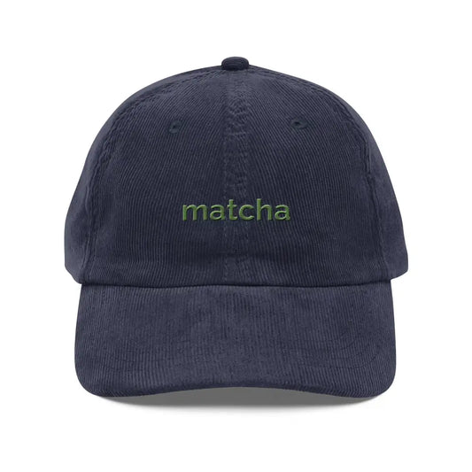 Matcha Embroidered Vintage Corduroy Cap | Aesthetic Tea Lover Hat - Navy - Hats navy blue corduroy baseball cap 1