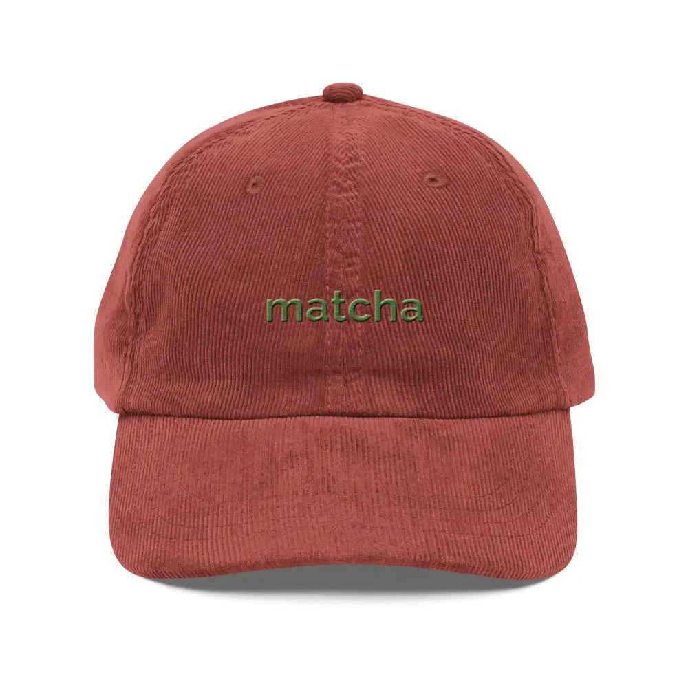 Red matcha embroidered vintage corduroy cap by Trini Skies