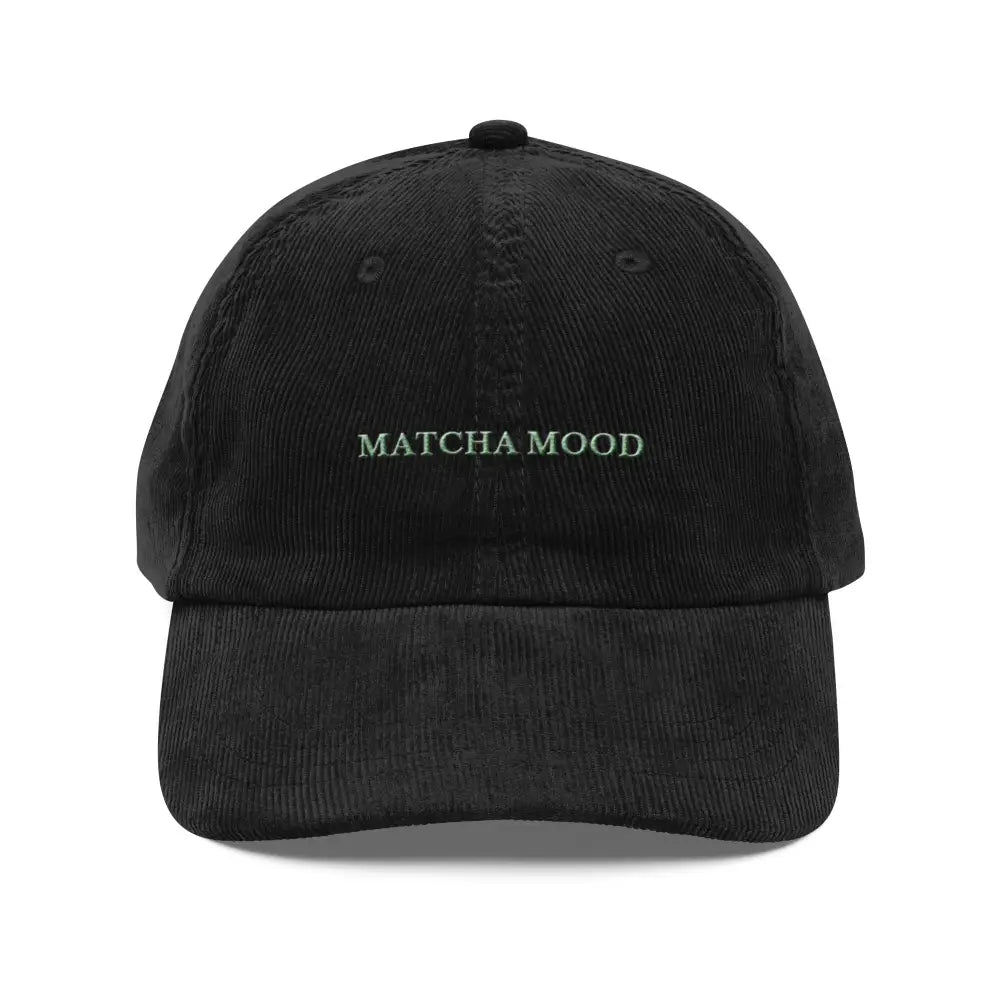 Matcha Mood Embroidered Black Corduroy Baseball Cap by Trini Skies
