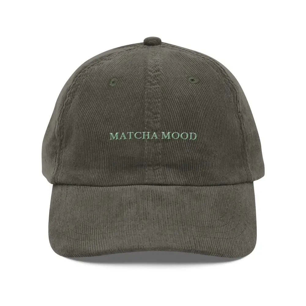 Trini Skies Matcha Mood embroidered vintage corduroy cap in dark green
