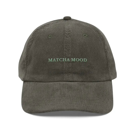 Matcha Mood Embroidered Vintage Corduroy Cap | Aesthetic Green Tea Hat - Olive - Hats dark green corduroy baseball cap 1