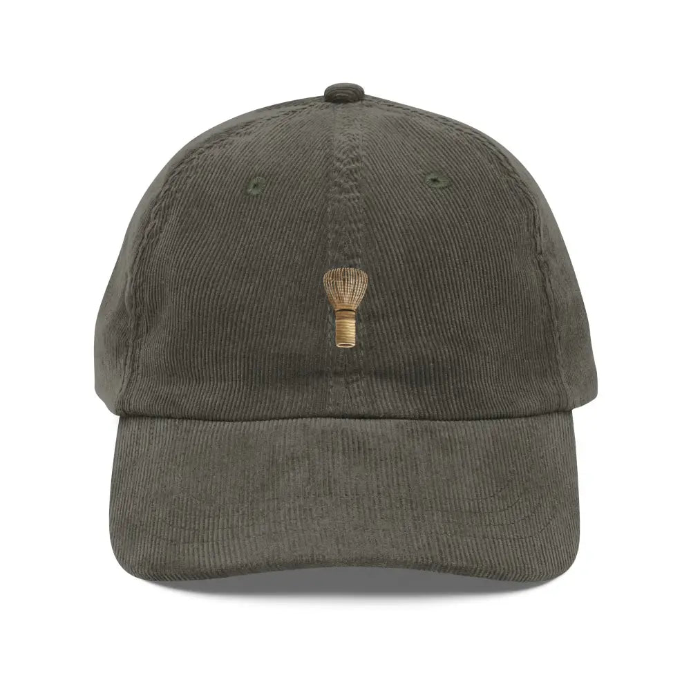 Olive green vintage corduroy cap with matcha whisk embroidered design