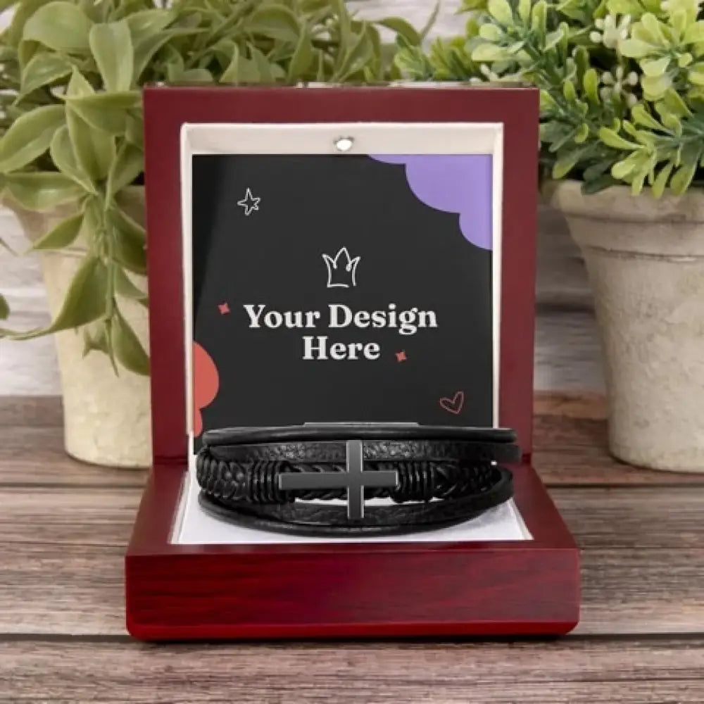 Men’s cross leather bracelet in open gift box, braided vegan leather with silver cross