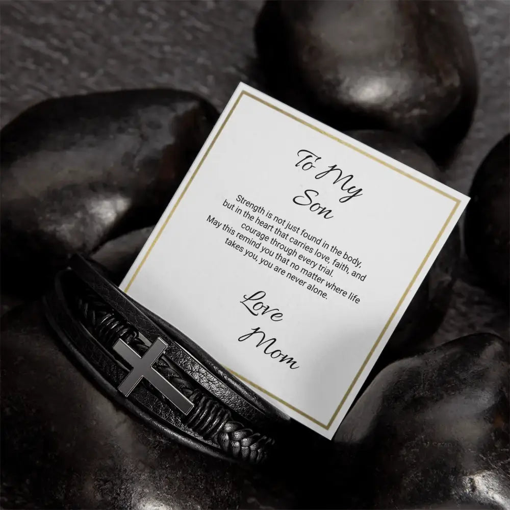 Men’s cross leather bracelet with silver cross charm and heartfelt message card