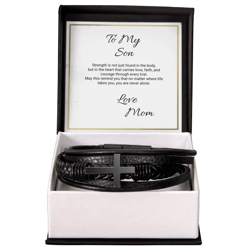 Men’s cross leather bracelet in braided vegan leather with matte cross charm in gift box