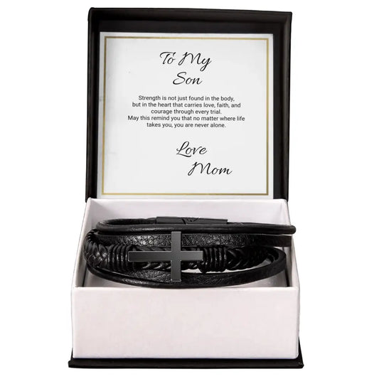 Men’s cross leather bracelet in braided vegan leather with matte cross charm in gift box