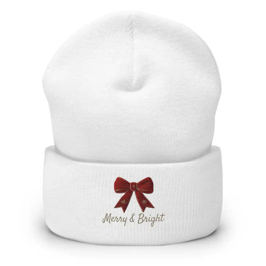 White Christmas bow cuffed beanie with Merry & Bright embroidery