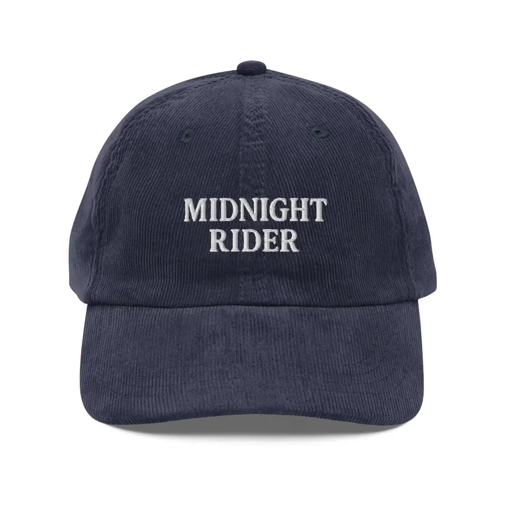 Dark blue embroidered corduroy cap with Midnight Rider hat design by Trini Skies Supply