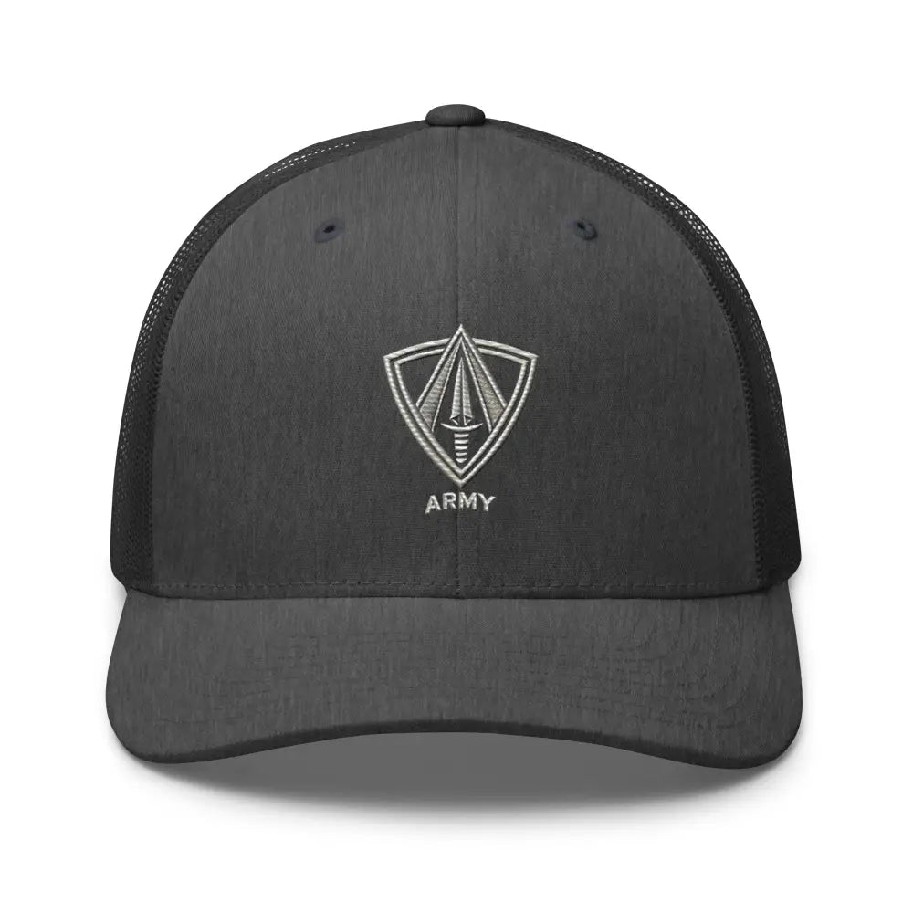 Dark gray mesh-back embroidered trucker cap with patriotic emblem