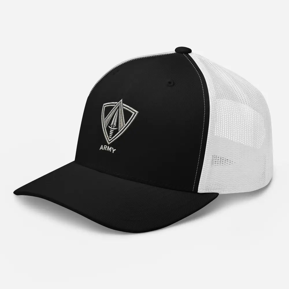 Black and white embroidered trucker cap with patriotic mesh hat shield and dagger logo