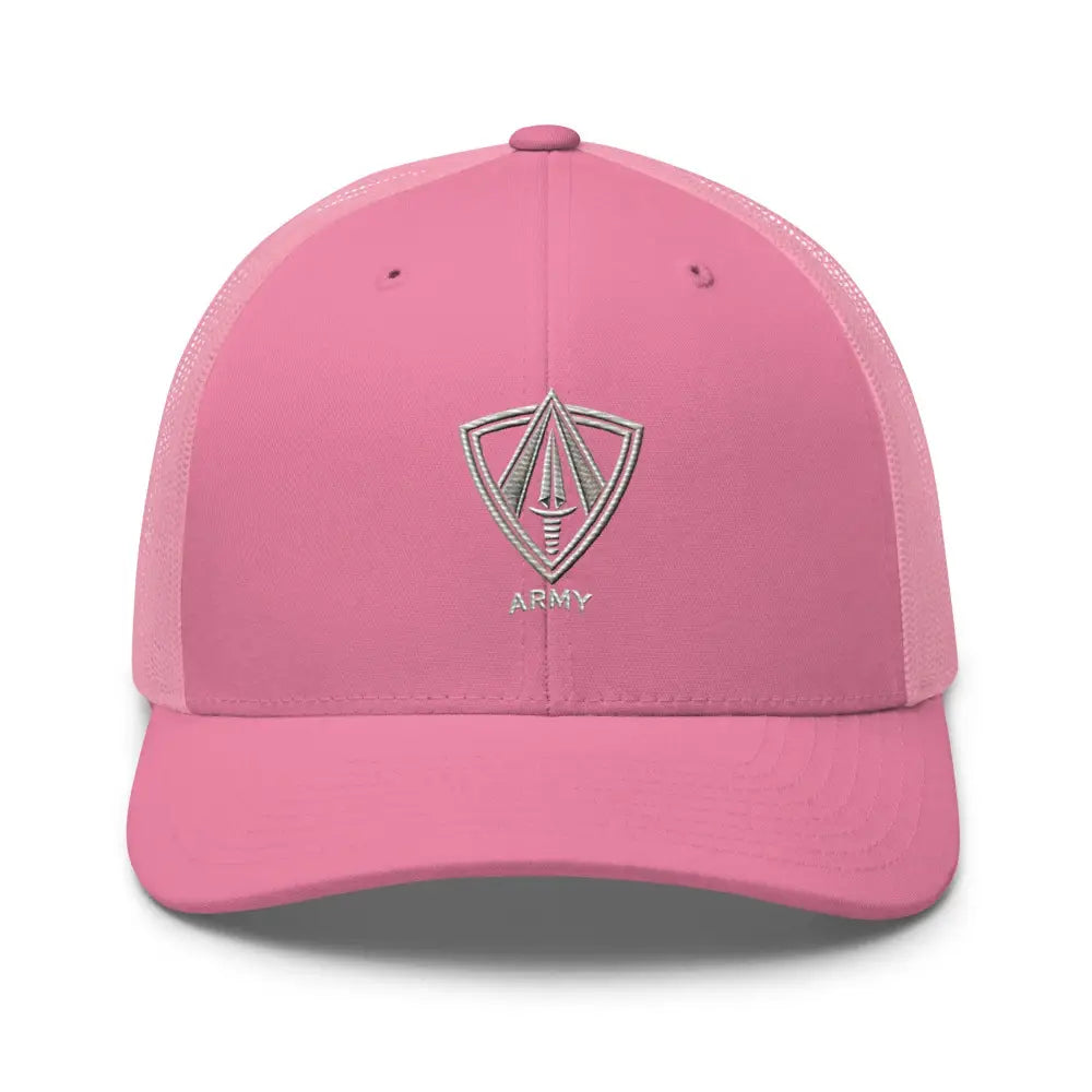 Pink embroidered trucker cap with patriotic shield and dagger emblem
