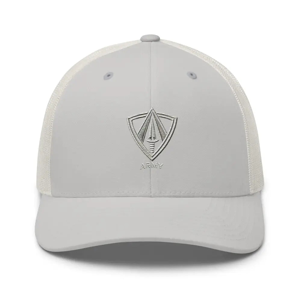 Light gray embroidered trucker cap with patriotic mesh and army emblem