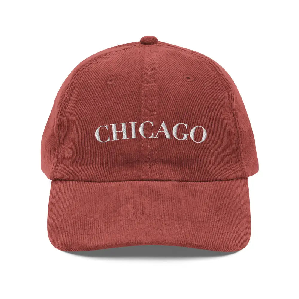 Red Chicago embroidered vintage corduroy cap with gold-colored buckle