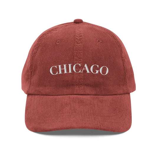 Minimalist Chicago Embroidered Vintage Corduroy Cap – Classic Urban Style - Burgundy - Hats red corduroy baseball cap