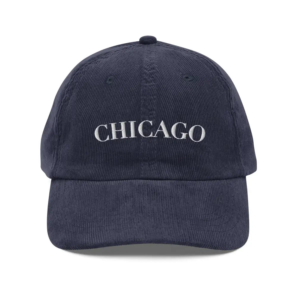 Dark blue corduroy vintage cap with Chicago embroidery and gold-colored buckle