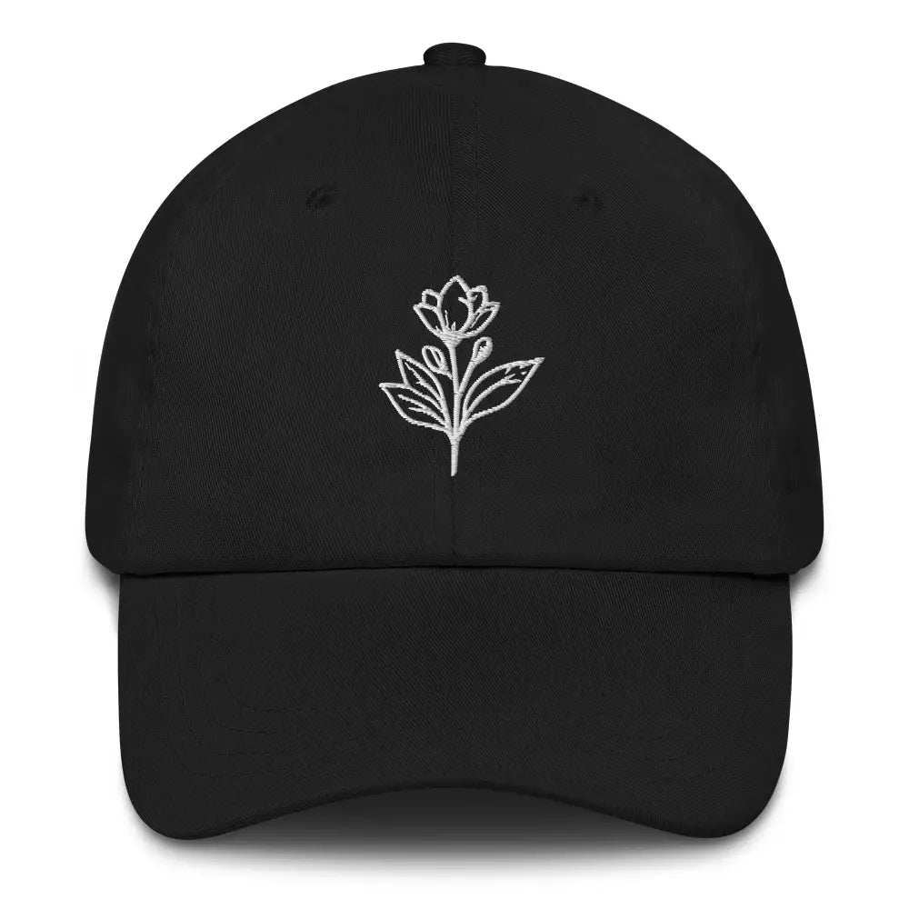 Black minimalist embroidered floral baseball cap with white design