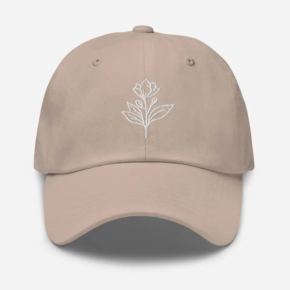 Minimalist embroidered floral tan baseball cap with white design