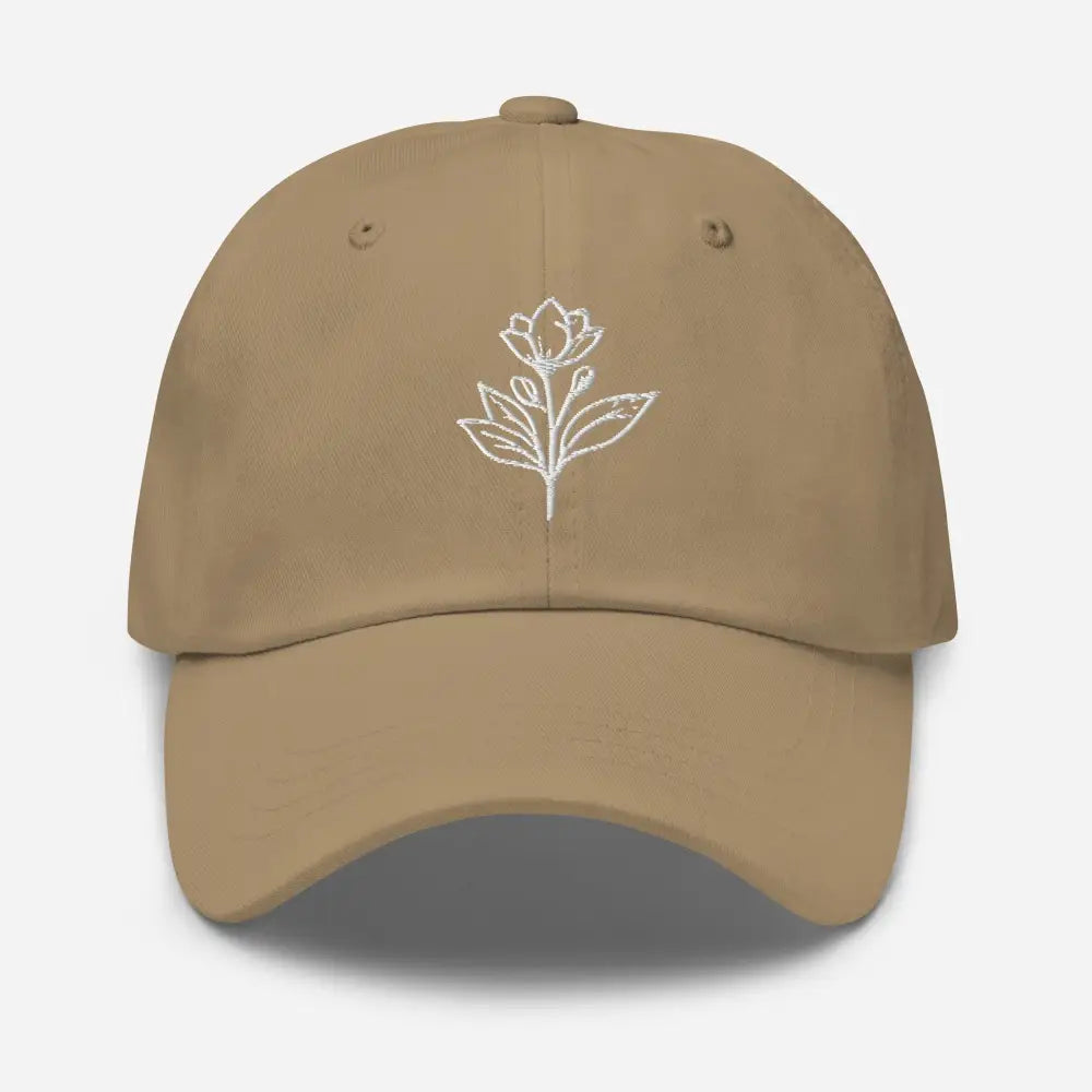 Tan minimalist embroidered floral baseball cap with white floral line art