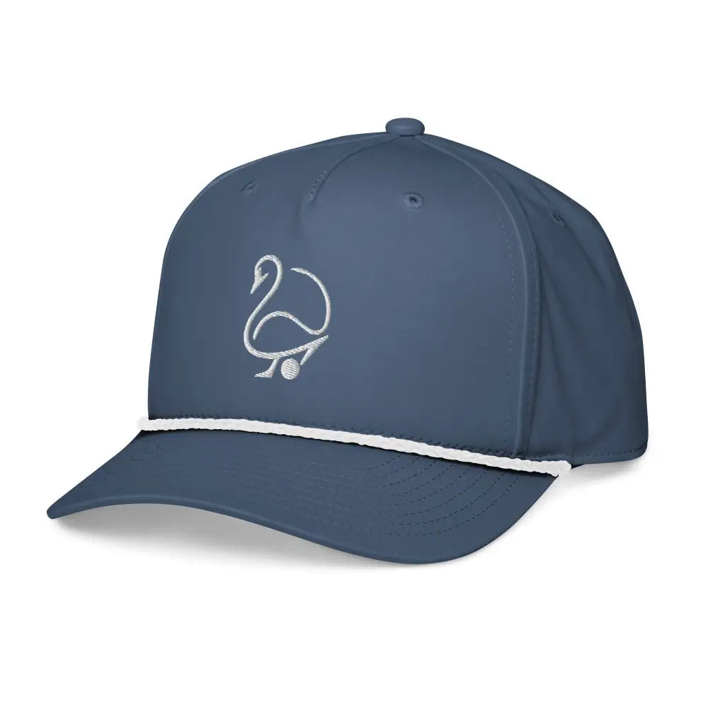 Dark blue Trini Skies embroidered rope cap with minimalist swan golf embroidery
