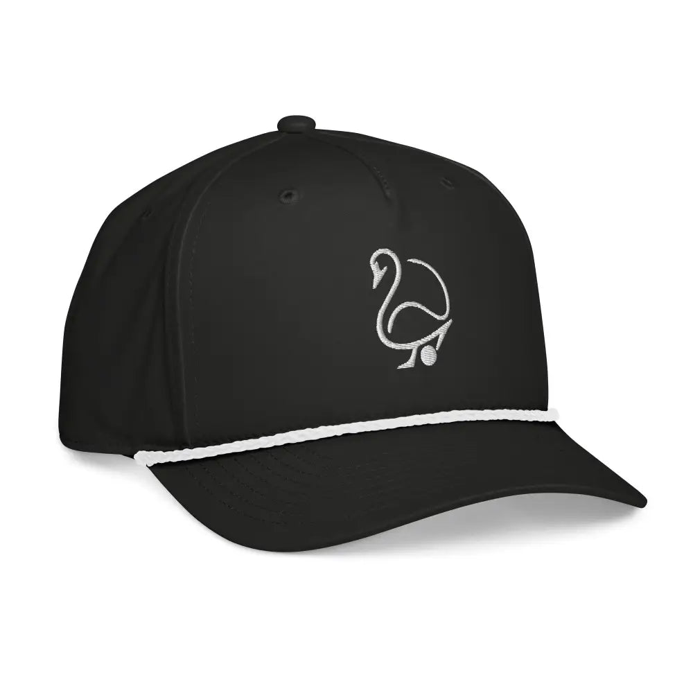Black Trini Skies embroidered rope cap with minimalist swan golf logo