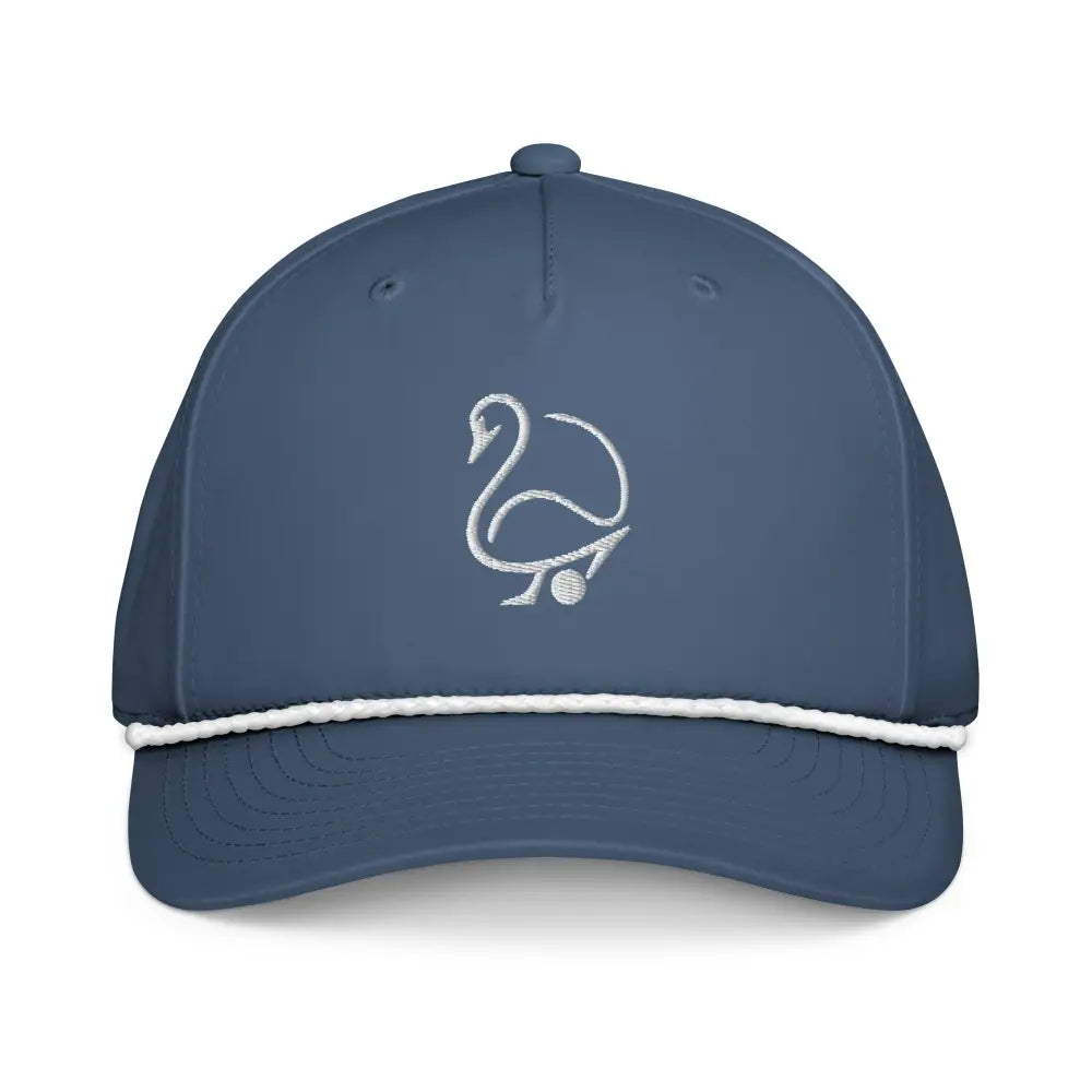 Blue Trini Skies embroidered rope cap with minimalist swan golf logo and white braided accent