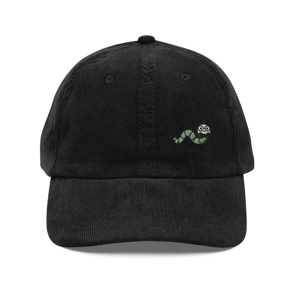 Vintage corduroy cap with minimalist worm embroidered skull graphic