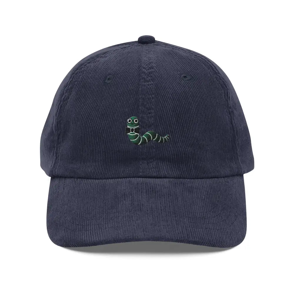 Navy blue vintage corduroy cap with minimalist worm embroidered design