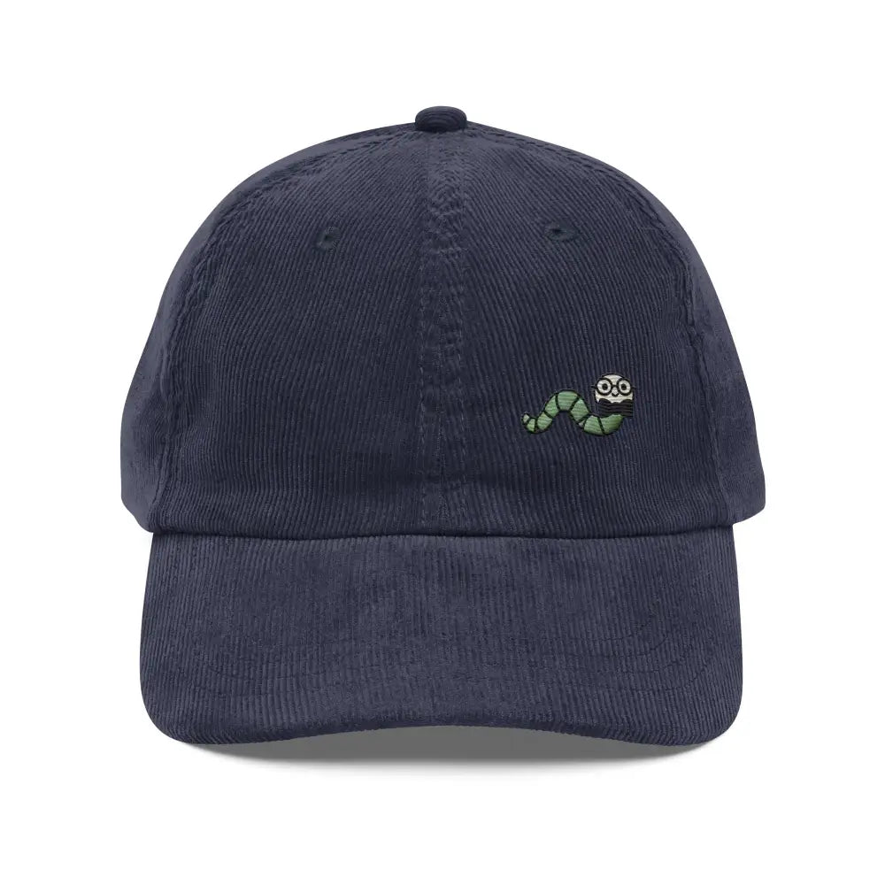 Minimalist worm embroidered navy blue vintage corduroy cap