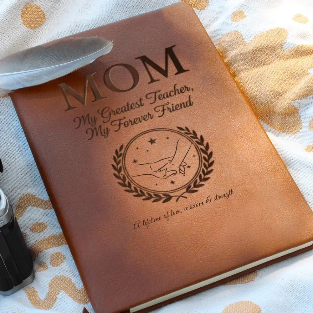 Brown leather-bound MOM journal with embossed design, perfect for family memories