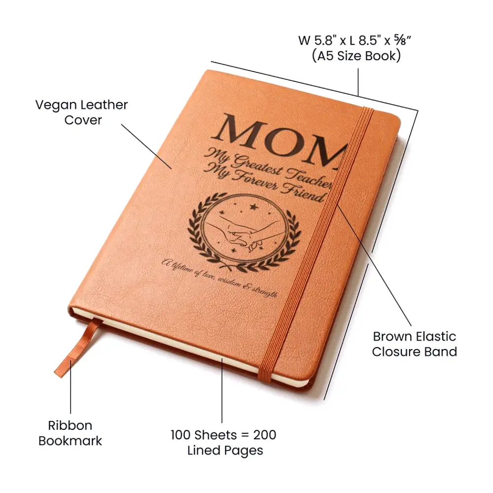Brown vegan leather mom journal with elastic band and ribbon bookmark