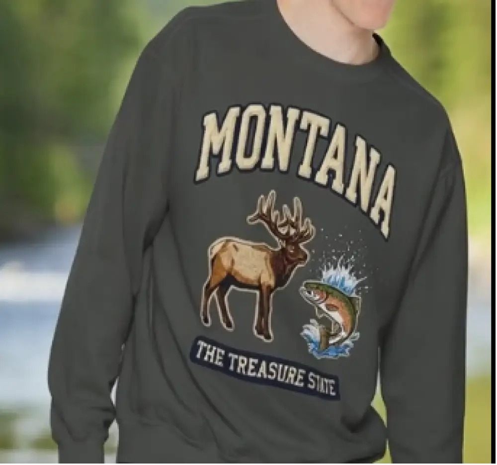 Vintage inspired elk and trout wildlife graphic on Montana sweatshirt