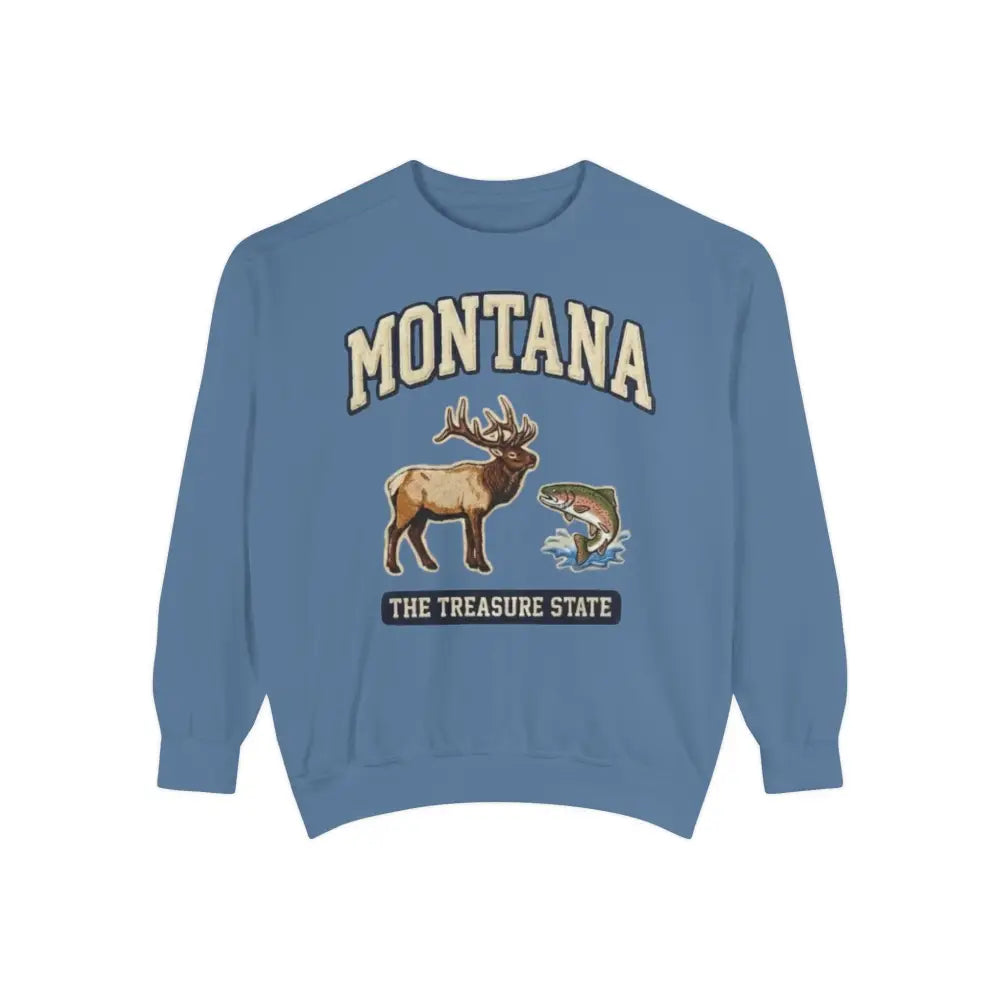 Vintage inspired elk and trout wildlife graphic on Montana sweatshirt